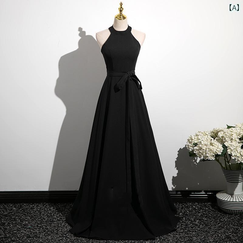 イブニングドレス レディース 黒 Aライン ハイウエスト ノースリーブ ロング丈 ポリエステル 無地 セクシー スリム 上品 エレガント｜Hanbok Home