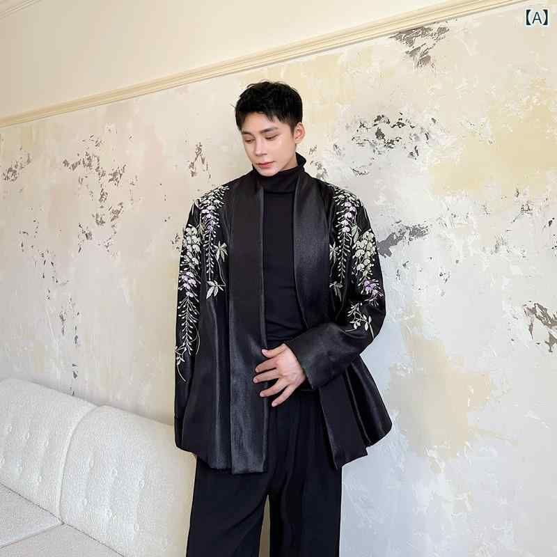 背広 ジレー メンズ 中国風 照明ランプ色つや 光輝 紫藤刺しゅう 花柄 ジャカード織り うつり変わり 長袖 ゆったり 黒 ポリエステル 歳月 心地よい 普段使い