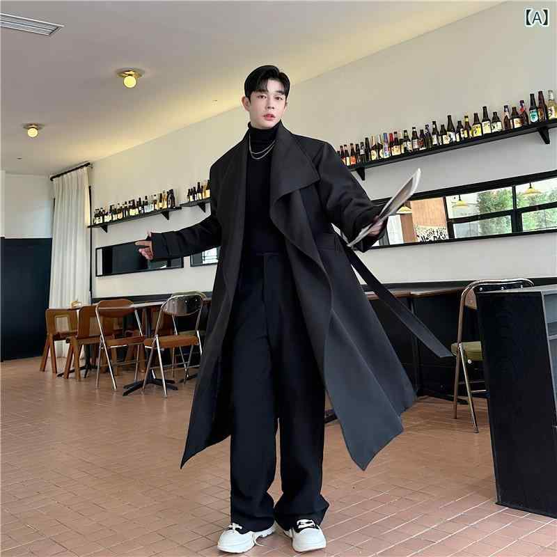 トレンチコート メンズ 大ラペル ロング丈 ウエストベルト 正肩 ルーズ ビジネスカジュアル 通勤 無地 ポリエステル サイドポケット ブラック カーキ 春秋｜Hanbok Home