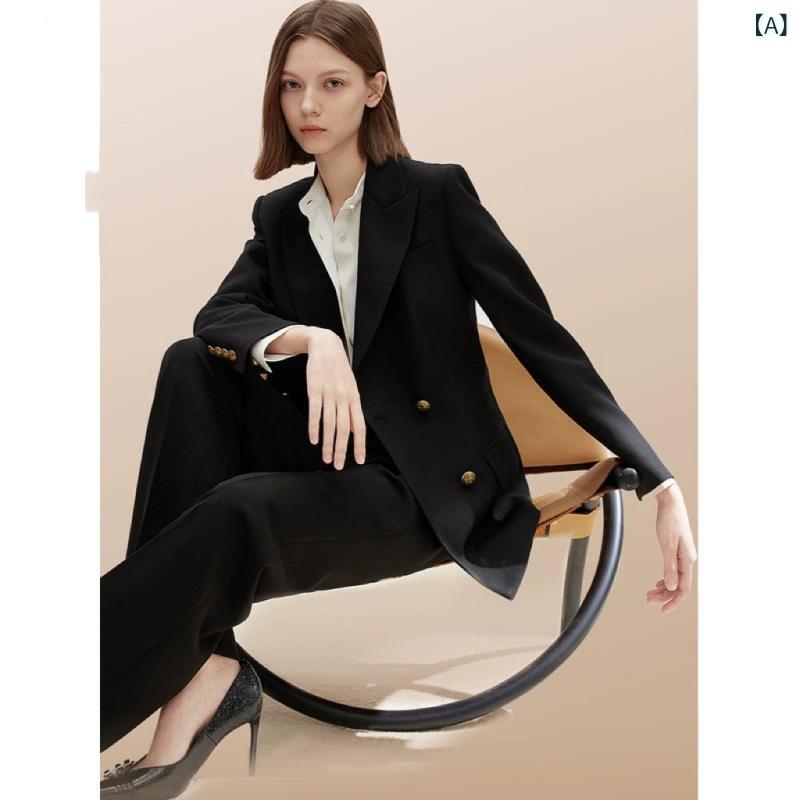 テーラードジャケット レディース 黒 ダブルブレスト ストレート シルエット 長袖 ミドル丈 通勤 高級感 エレガント ポリエステル ノーアイロン 春｜Hanbok Home