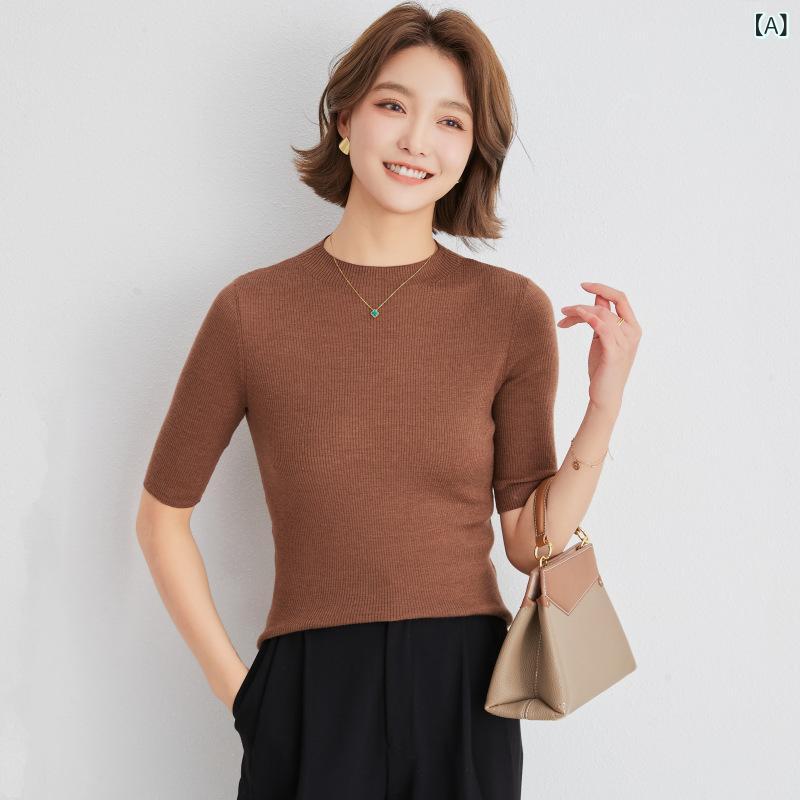 Tシャツ レディース 半高領 半袖 メリノ羊毛 ニット 柔らかい スリム 切り替え 快適 上品 通勤 夏 無地 ブラウン カーキ ブラック|Hanbok Home
