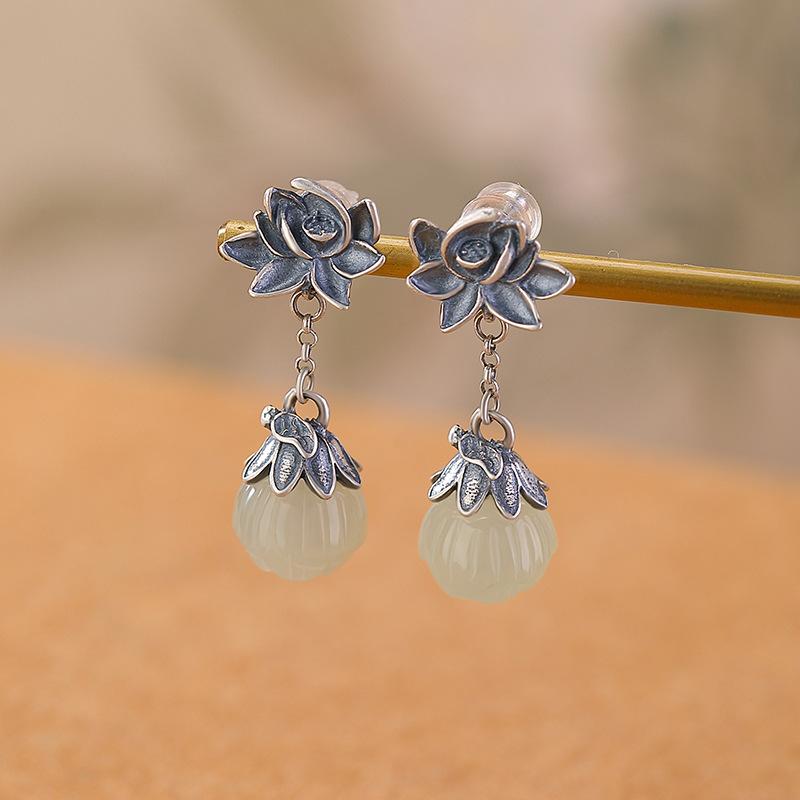 ピアス レディース シルバー 天然ホタン玉 蓮花モチーフ フラワー レトロ 中国風 おしゃれ かわいい アクセサリー ユニーク デザイン 普段使い｜Hanbok Home