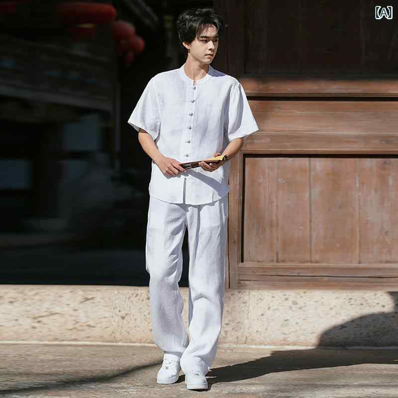 プルオーバー ロングズボン下 仕掛ける メンズ 半袖 麻 引っ切り無い 中国風 分かりやすい 冷やりとした 夏 心地よい 綿麻 白 黒 紺 余暇 普段使い