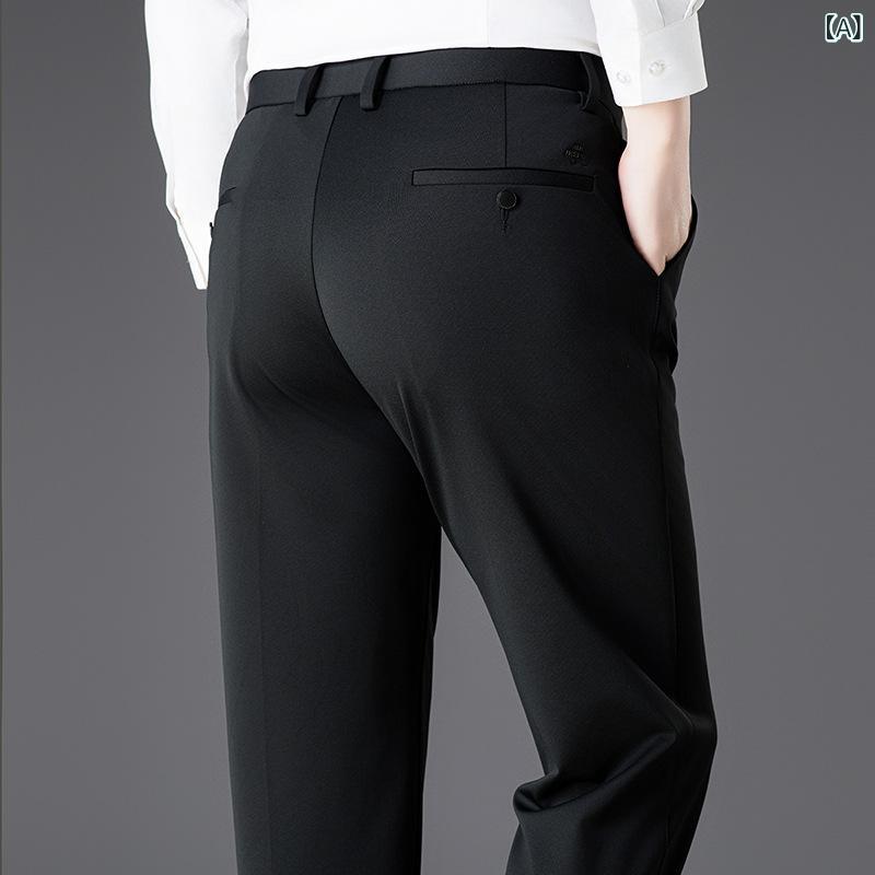 ストレートパンツ メンズ 中年 ビジネス レジャー 通勤 夏 薄手 涼感 黒 ニット ストレッチ ノーアイロン 吸湿速乾 通気性 抗菌 中腰 弾力 化学繊維 混紡 耐摩耗 色牢度|Hanbok Home