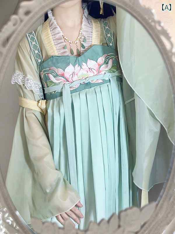 ワンピース レディース 漢服 唐風 中国風 水墨画風 蓮柄 刺・墸 斉胸襦裙 ポリエステル 広袖 エレガント 上品 ゆったり 体型カバー 春夏 普段使い イベント｜Hanbok Home