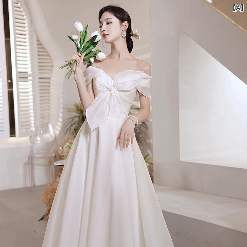 ウェディングドレス レディース フレンチスタイル シンプル サテン オフショルダー Aライン ロング丈 軽量 花嫁 結婚式 披露宴 二次会 前撮り ロケーションフォト ナチュラル ホワイト 春夏|Hanbok Home