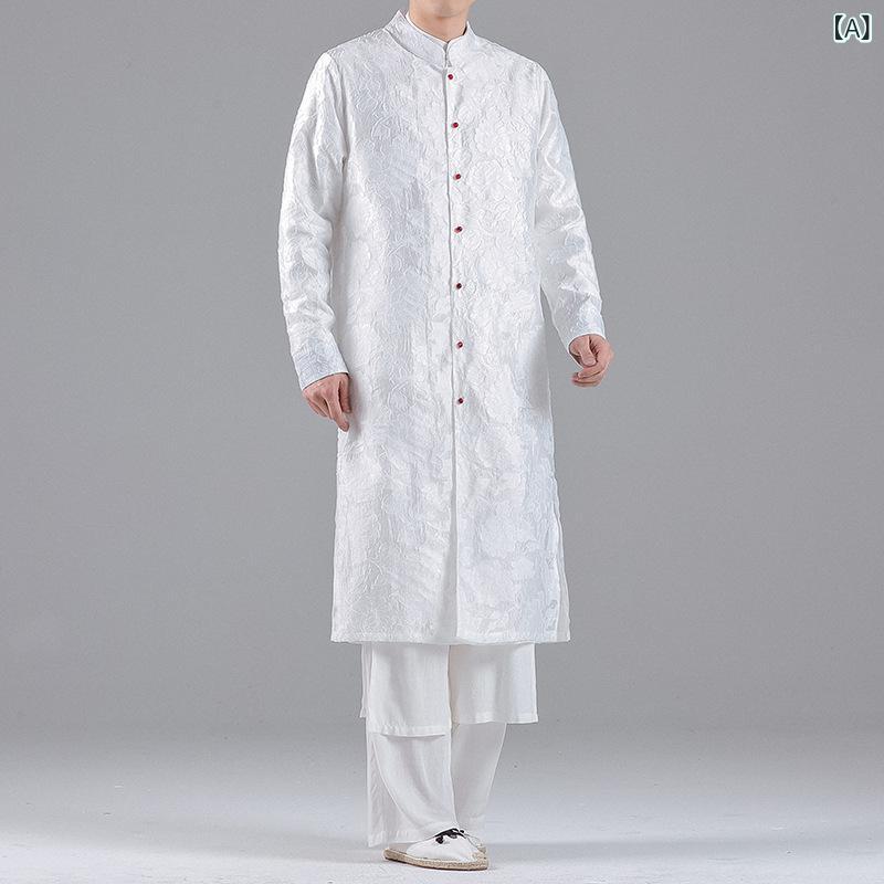 瀬戸もの服 メンズ 成人男性用 中国風 ジャカード織り 綿 綿織物原料品 照明ランプ色つや 立ち襟 ロング丈 長袖 ジレー ライトアウター 羽織り 普段使い走り 心地よい 春夏