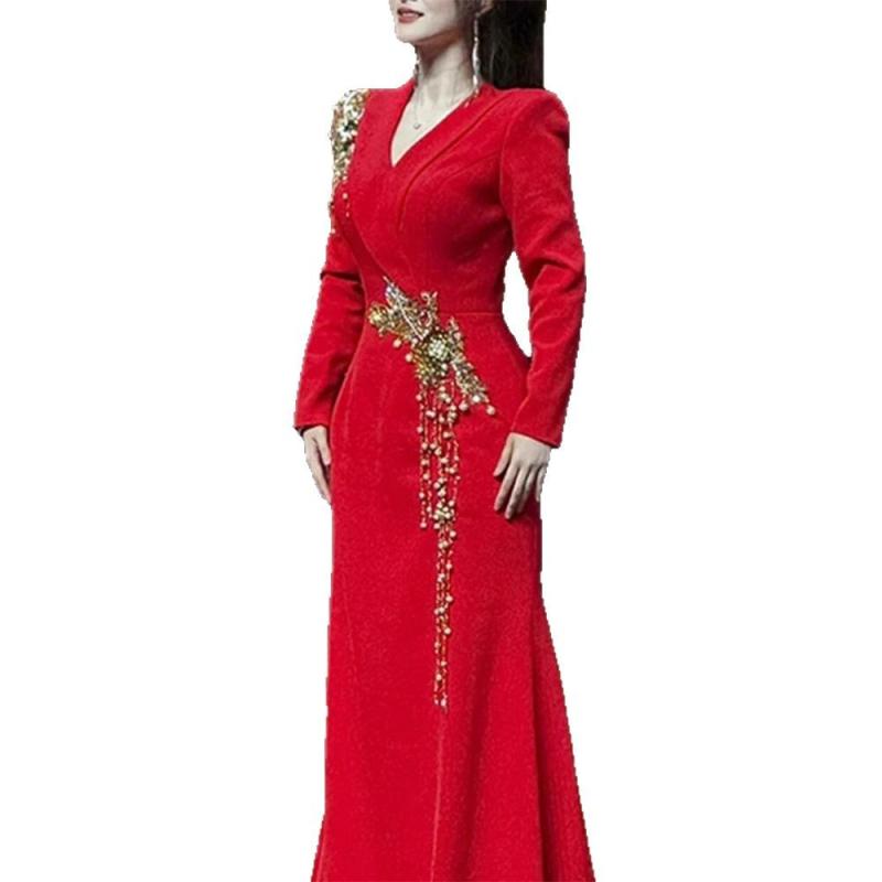 ワンピース レディース ロングドレス 演奏会ドレス カラードレス 高級感 長袖 Aライン Aラインドレス 発表会 パーティードレス ステージ衣装 司会 合唱 コーラス 赤｜Hanbok Home