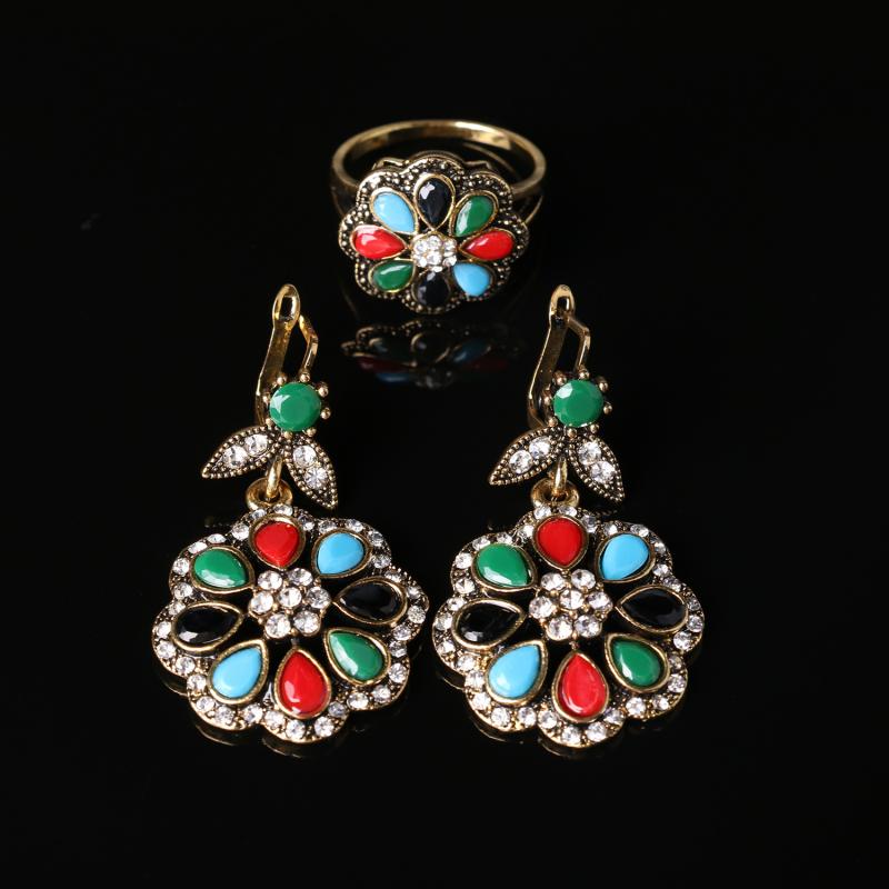 Ring earring jewelry set, women's ethnic style, flower motifs, colorful, colorful resin stones, ethnic style, electroplated alloy, accessories, gifts, tourist places