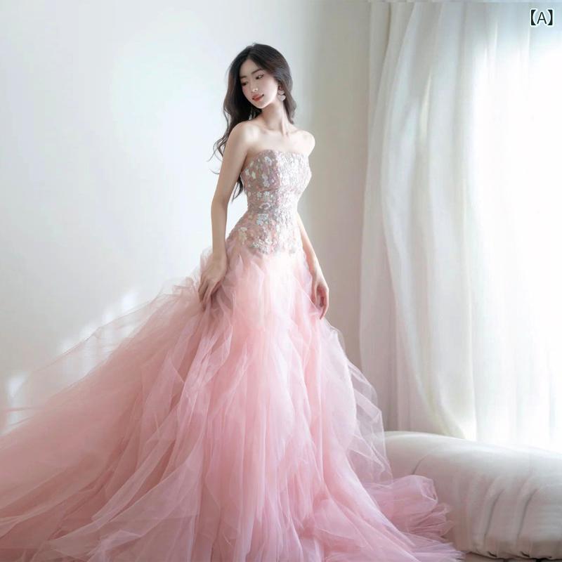 ロングドレス レディース ウェディング 敬老会 お呼ばれ パーティー 結婚式 披露宴 演奏会 発表会 チュール マキシ丈 ノースリーブ 高級感 フェミニン プリンセス Aライン シフォン ピンク｜Hanbok Home