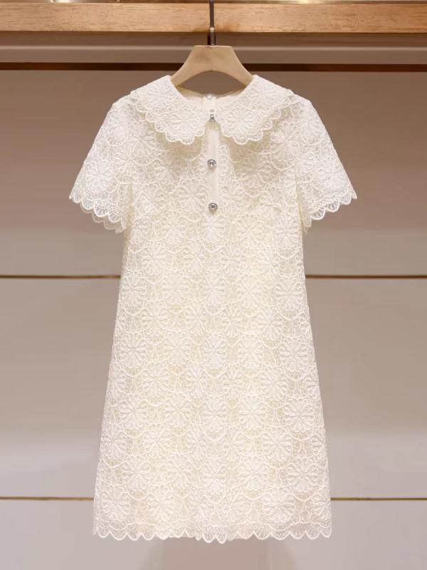 ワンピース レディース 春夏 半袖 ミニ丈 襟付き 刺繍 パフスリーブ Aライン 切り替え ゆったり ハイウエスト 痩せ見え カジュアル ホワイト|Hanbok Home