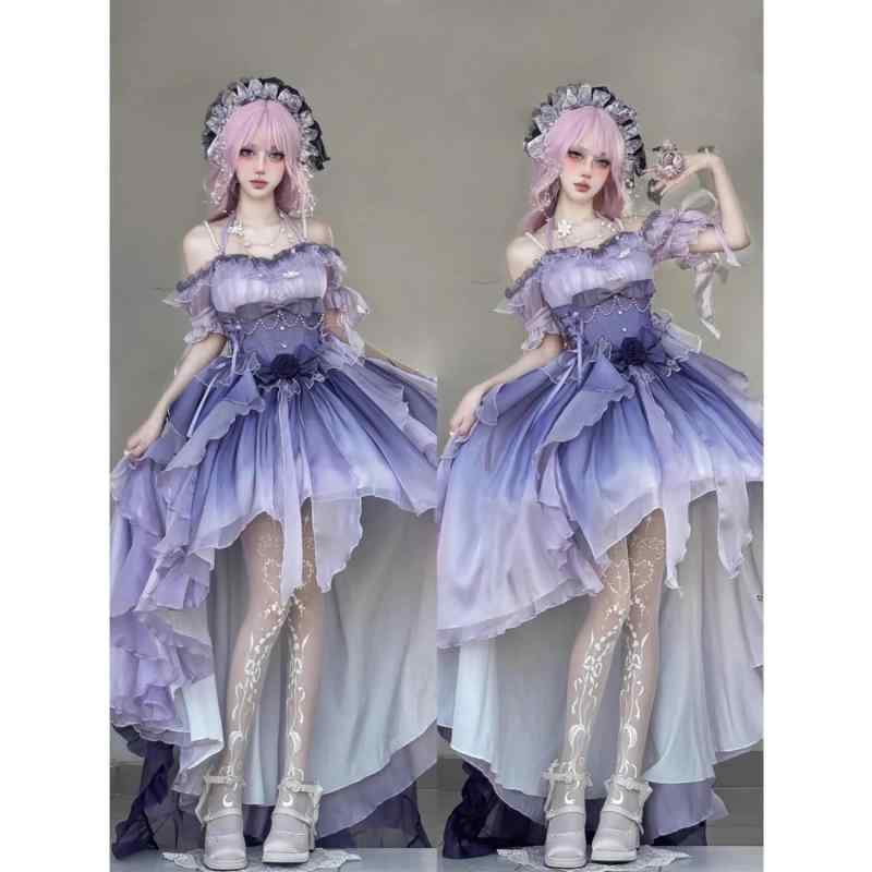 ワンピース レディース ロリータ ドレス プリンセスドレス 前短後長 フィッシュテール ビスチェ ボリューム チュチュ 演奏会 パーティー お呼ばれ グラデーション パープル 秋冬|Hanbok Home