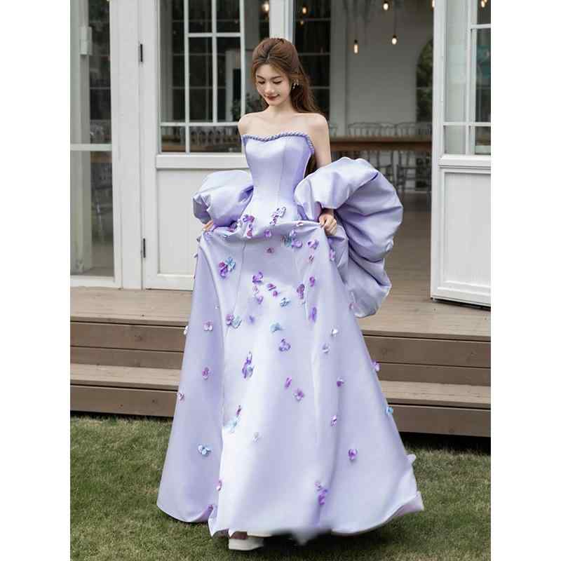 ロングドレス レディース ビスチェ ベアトップ Aライン プリンセス 高めウエスト 無地 パーティー 二次会 結婚式 お呼ばれ 謝恩会 フォーマル 演奏会 パープル|Hanbok Home