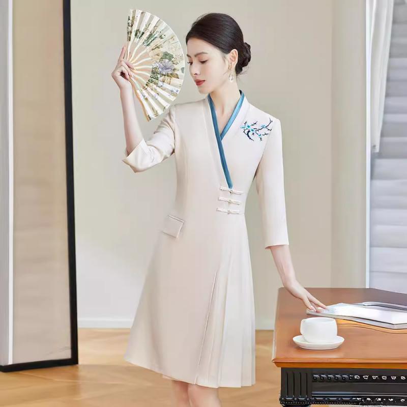 ワンピース レディース 中華風 刺繍 ホテル 受付 発表会 七分袖 Vネック A字ライン 膝丈 制服 事務服 通勤 オフィス エレガント 上品|Hanbok Home