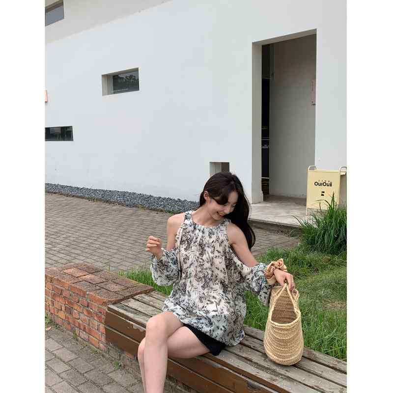 シャツ レディース 春夏 テンセル 肩見せ袖 パフスリーブ トップス レトロ 韓国風 ゆったり カジュアル ラウンドネック プリント|Hanbok Home