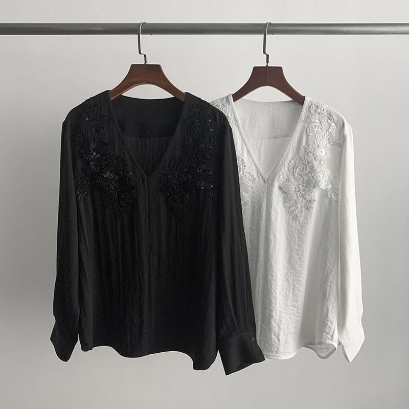 Tシャツ レディース 長袖 Vネック リネン混 刺繍 ビーズ ワッペン ゆるシルエット プルオーバー ホワイト レトロ ナチュラル｜Hanbok Home