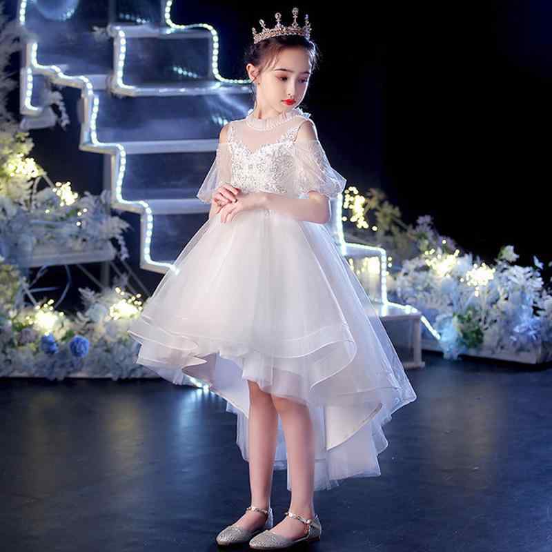 子供ドレス 女の子 キッズ フォーマル ワンピース プリンセス 発表会 演奏会 結婚式 ピアノ 七五三 ジュニア ドレス 110-160cm 前短後長 ノースリーブ レース フリル ホワイト 白 かわいい お呼ばれ|Hanbok Home