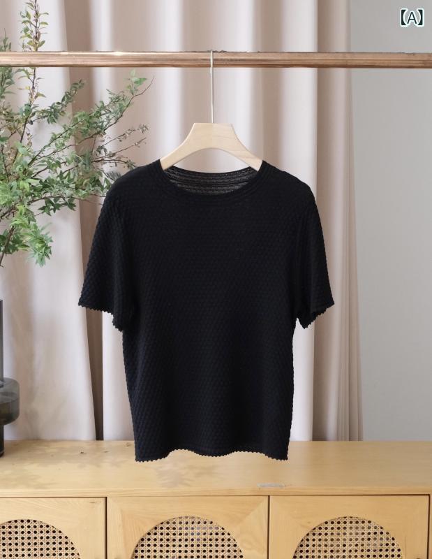 Tシャツ レディース 春夏 半袖 丸首 テンセル サマーニット トップス プルオーバー リブ 無地 薄手 伸縮性 着やせ スリム カジュアル 部屋着 通学 通勤 オフィス かわいい|Hanbok Home