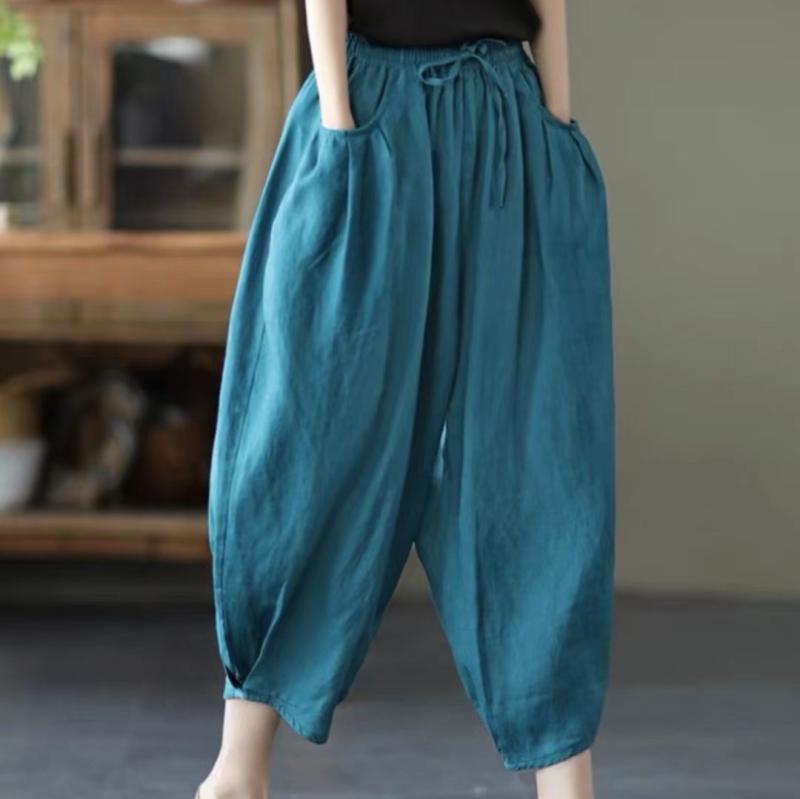 パンツ レディース 七分 亜麻 リネン サルエルパンツ 灯籠パンツ ゴムウエスト 薄手 通気性 軽量 吸湿 速乾 ゆったり ぽっちゃり 体型カバー 文藝風 レトロ カジュアル 無地 ボトムス|Hanbok Home
