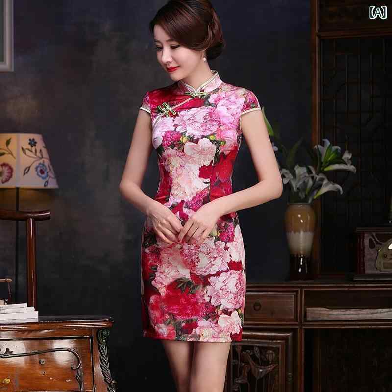 チャイナドレス レディース 半袖 ショート丈 春夏 シルク調 立ち襟 斜め襟 花柄 牡丹 レトロ 文芸風 個性的|Hanbok Home