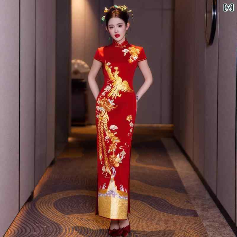 チャイナドレス レディース 結婚式 披露宴 豪華 刺繍 二次会 立ち襟 半袖 ロング丈 和風 ウェディングドレス フォーマル レッド｜Hanbok Home 9,764円