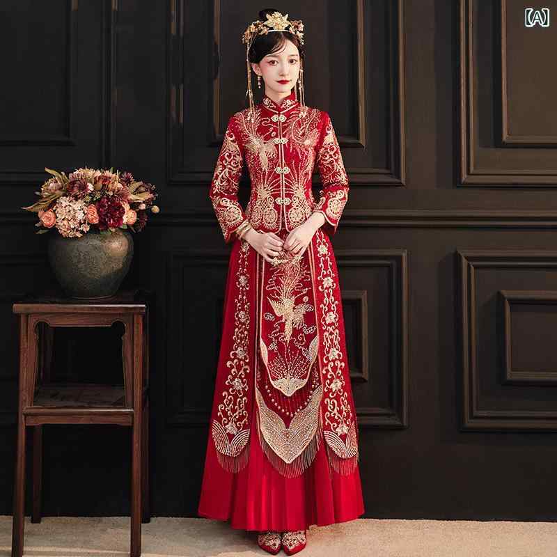 チャイナドレス レディース 花嫁 結婚式 春夏 龍鳳褂 ウエディングドレス 中国風 中式 礼服 レトロ エレガント 高級感 立品 九分袖 大きいサイズ 赤 披露宴 二次会 フォーマル｜Hanbok Home