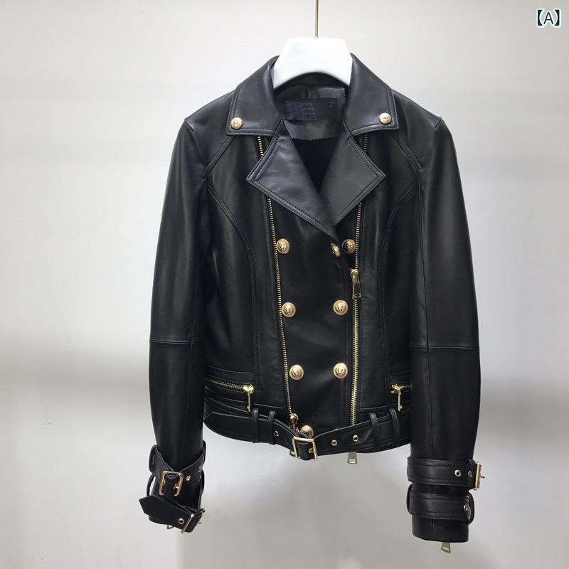 ジャケット レディース ショート丈 ライダース レザージャケット 秋冬 ダブルボタン ベルト ウエストマーク ゆったり 防風 防寒 きれいめ カジュアル オフィス 通勤 通学｜Hanbok Home
