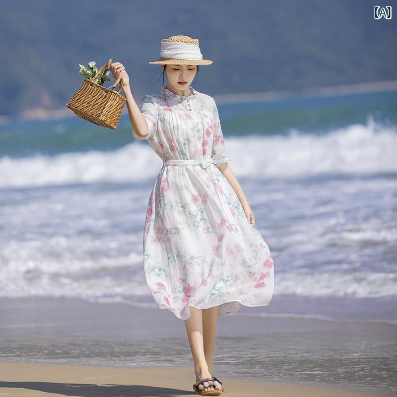 ワンピース レディース 春夏 膝丈 A字 Aライン 五分袖 丸首 フリル エスニック風 チャイナ風 レトロ 花柄 プリント コットン 麻 リネン 爽やか 涼しい 体型カバー｜Hanbok Home