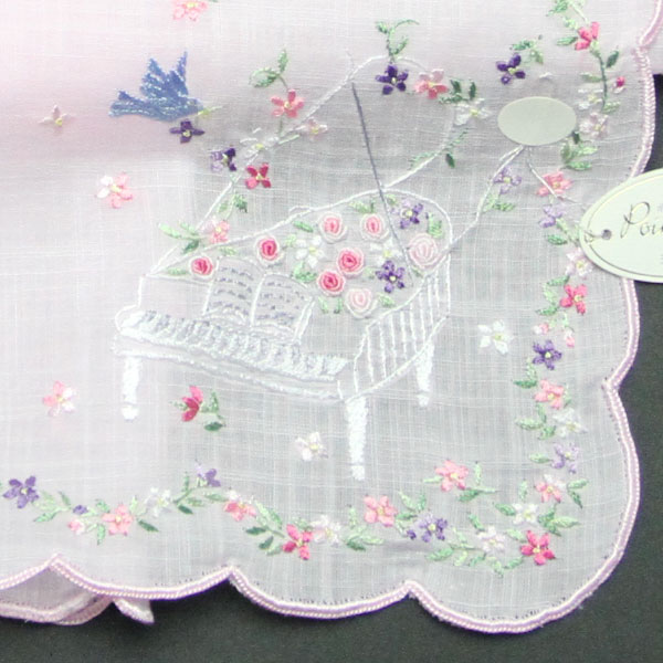 【送料無料】ポワンポワン　ベトナム手刺繍ハンカチ　青い鳥と音楽　ピンク 4,510円