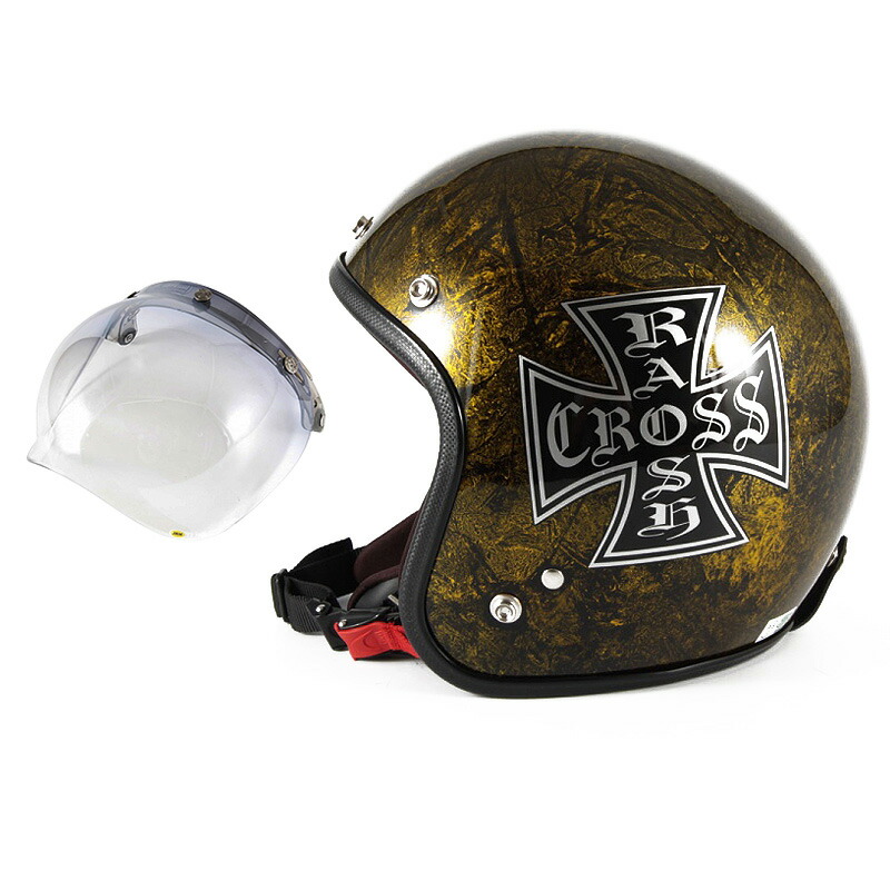 72JAM デザイナーズジェットヘルメット [JCP-13] 開閉シールド付き [JCBN-05] RASH CROSS ラッシュクロス ゴールド [ゴールドラップベースグロス仕上げ] FREEサイズ(57-60cm未満) メンズ レディース 兼用品 SG規格 全排気量対応