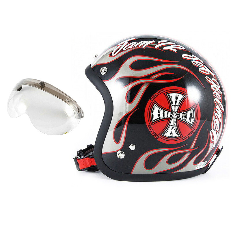 72JAM デザイナーズジェットヘルメット [JJ-06G] 開閉シールド付き [APS-03]ROCK＆ROLL ロックンロール ブラックグロス [ガラスフレークブラックベースグロス仕上げ]FREEサイズ(57-60cm未満) メンズ レディース 兼用品 SG規格 全排気量対応｜ハンドルキング バイク ヘルメット 13,320円