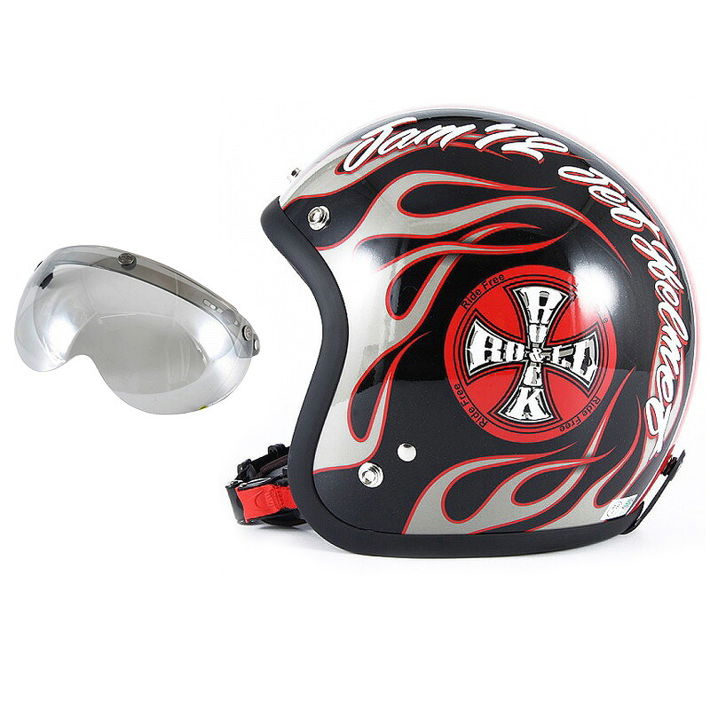 72JAM デザイナーズジェットヘルメット [JJ-06G] 開閉シールド付き [APS-04]ROCK＆ROLL ロックンロール ブラックグロス [ガラスフレークブラックベースグロス仕上げ]FREEサイズ(57-60cm未満) メンズ レディース 兼用品 SG規格 全排気量対応｜ハンドルキング バイク ヘルメット