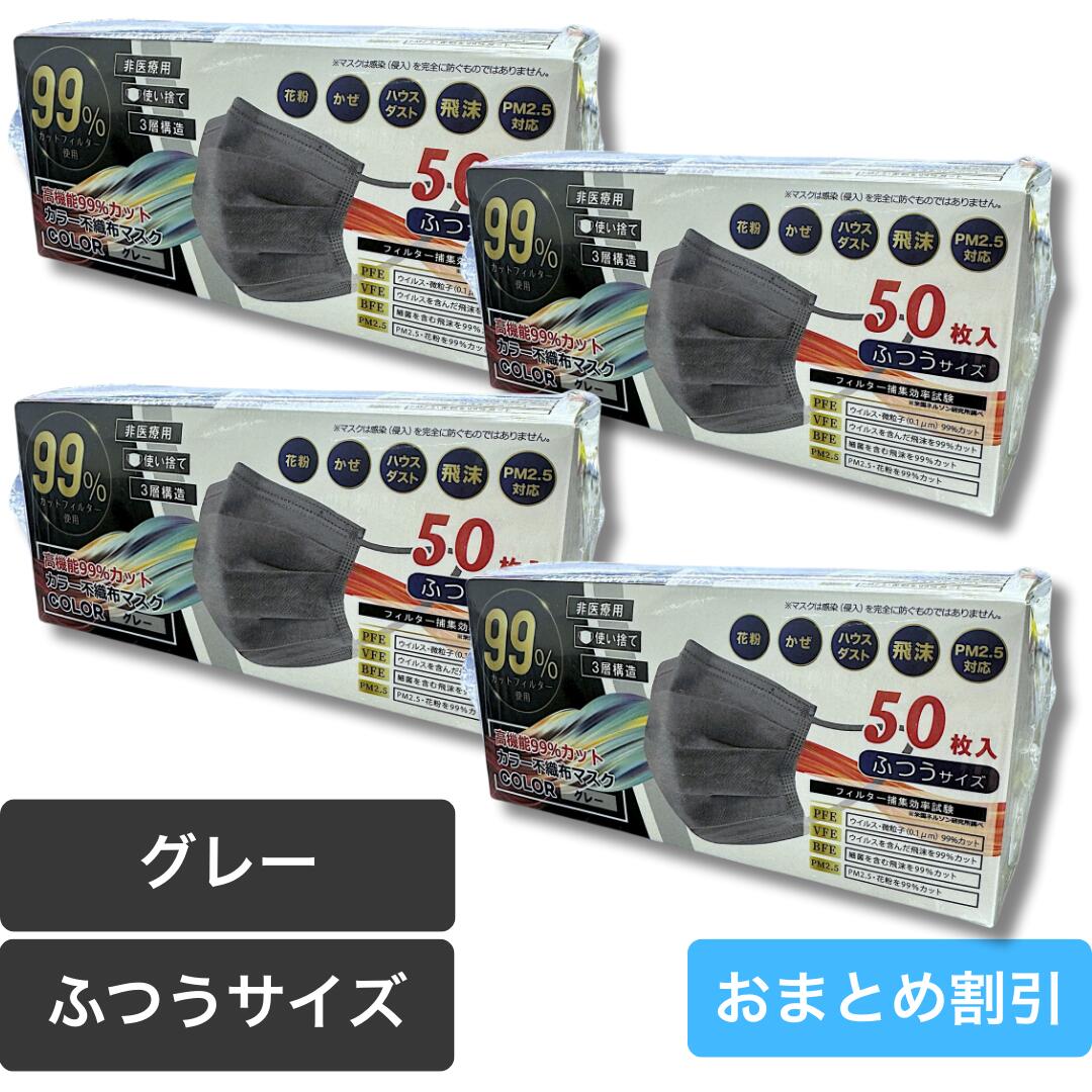 HIRO 不織布マスク グレー 50枚入 | ふつうサイズ 99%カット 3層構造 使い捨てマスク 花粉 風邪 ハウスダスト 飛沫 PM2.5 高性能 非医療用 男女兼用 使い捨て gray color おしゃれ 洋服 ヒロコーポレーション