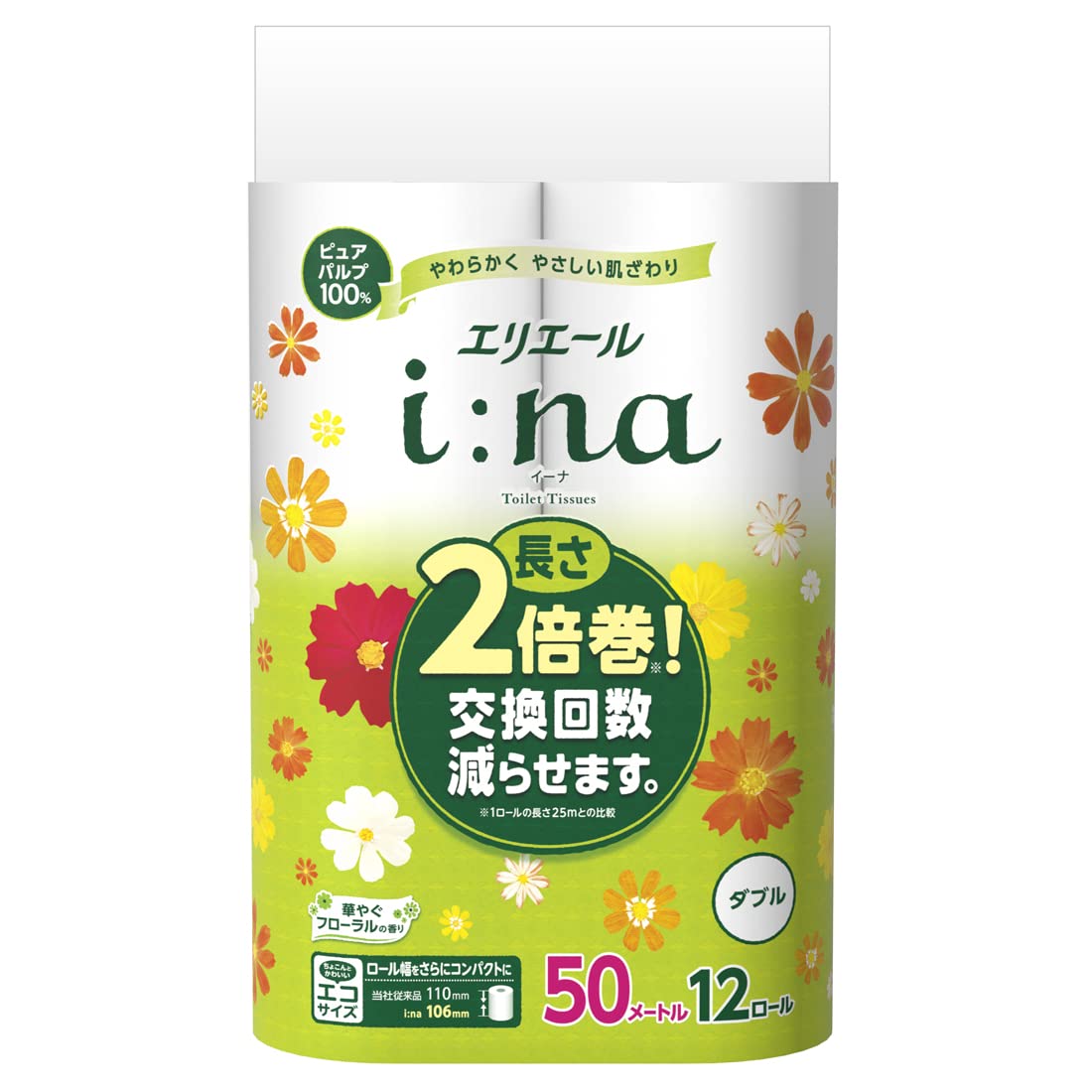 【ケース販売：6個入】 トイレットペーパー i:na (イーナ) 2倍巻き 50m×12ロール ダブル パルプ100% やさしい肌ざわり 華やぐフローラルの香り 12R 大王製紙 エリエール