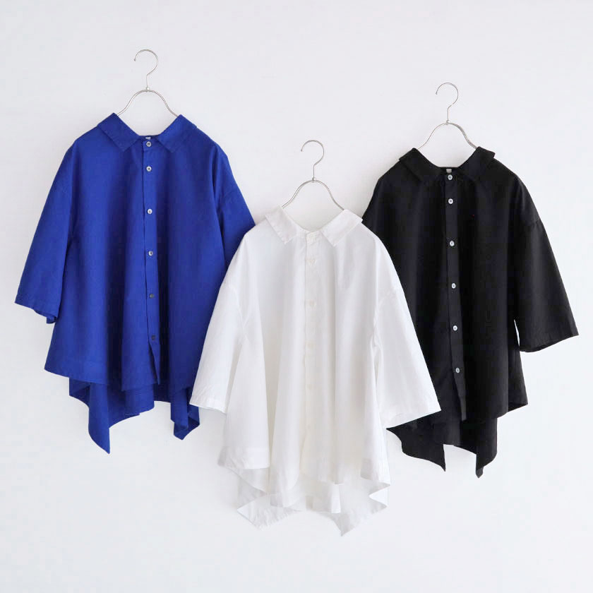 <br>grin<br>染めブロード 変形ヘム6分袖シャツ