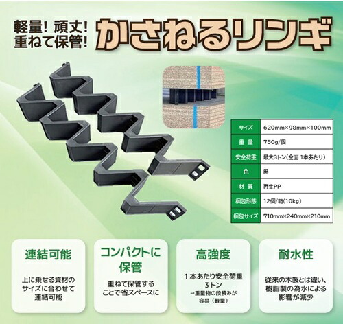 【直送品：個人宅配送OK】ウッドプラスチック かさねるリンギ KASANERU-12 1箱(12本入) 黒 620ｍｍ×98ｍｍ×100ｍｍ 連結式 軽量プラスチック製 省スペース