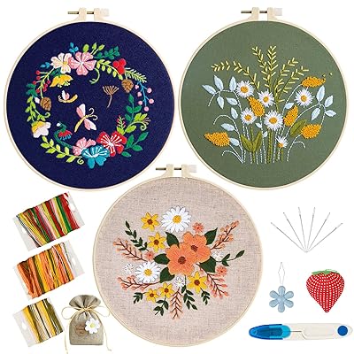 TuxFezug 刺繍キット 刺しゅう 手作り 刺繍セット DIY クロスステッチ 刺繍工具 ししゅうキット 初心者セット 刺繍枠 刺繍糸 刺繍針 刺繍用布 はさみ おしゃれ 贈り物 日本語取り扱い説明書 (マルチカラー 花と葉 3セット)画像