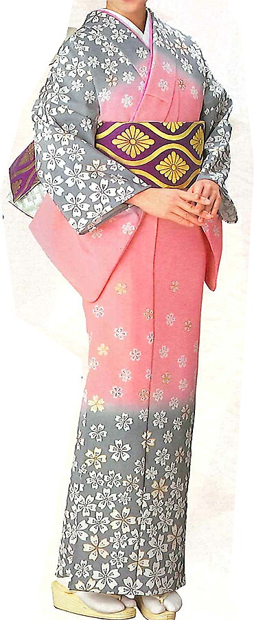 テイジン（C)シルパール【付け下げ】反物、桜咲くグレーとピンクのコンビネーション｜半纏・着物屋 木南堂