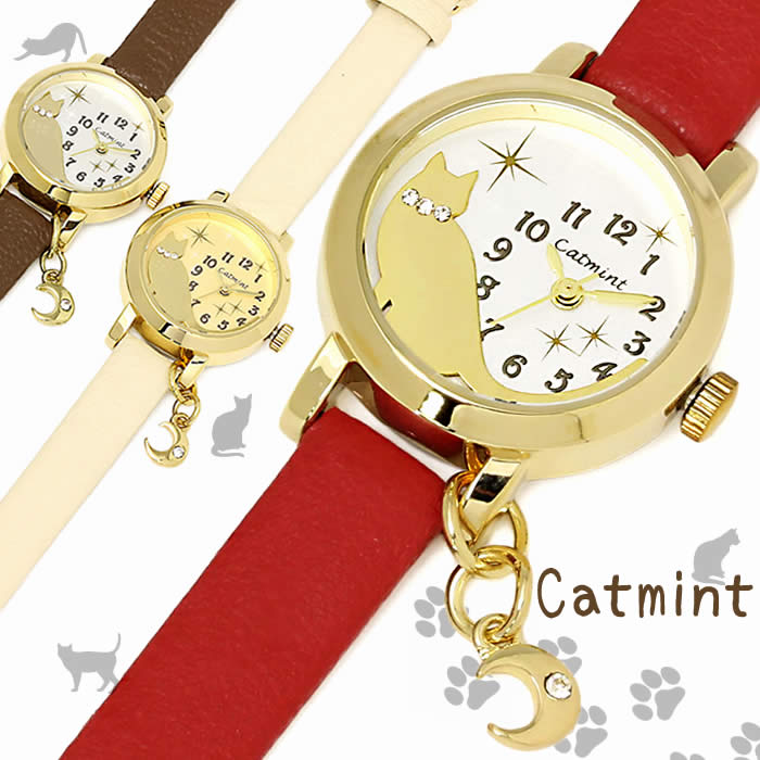 楽天市場 腕時計 レディース 革ベルト ねこ 猫 かわいい ハンドメイド風 時計 Catmint ブランド 大人かわいい 細身 アナログ キャットミント キャット 激安 プレゼント 人気 セール ギフト レディース腕時計 ガールズ腕時計 Hapian
