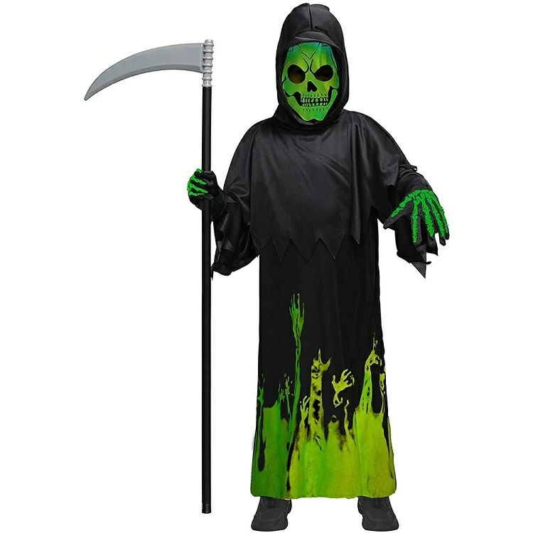 【P20倍限定！】お化け 光る 夜光骸骨 死神ハロウィン仮装 ひかる キッズ 骸骨 お化け 怖い 夜光 コスチューム ハロウィン衣装 子供 骨 仮装 男の子 女の子 コスチューム ゾンビ スケルトン 骸骨 コスプレ衣装 お化け パーティー イベント 演出服 デビル ハロ