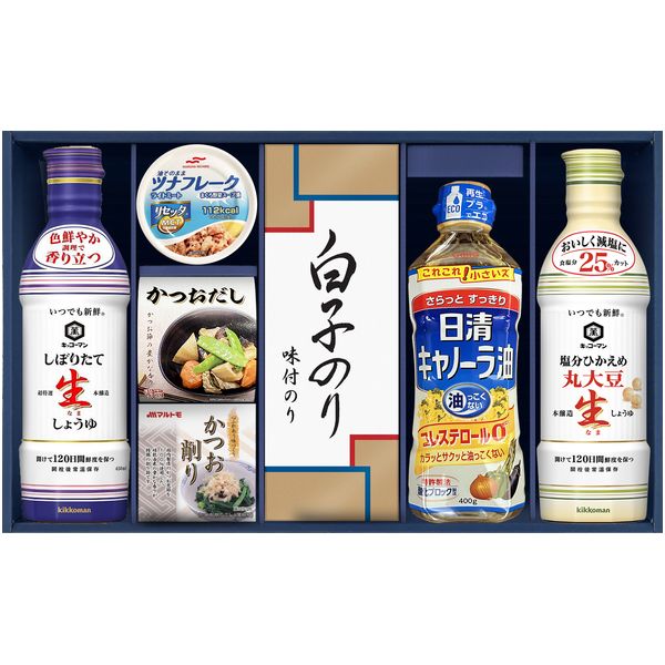 調味料 ギフト キッコーマン 醤油 しぼりたて生しょうゆ 日清 オイル 油 だしの素 缶詰 海苔 白子のり セット 詰め合わせ 惣菜 食品 内祝い お返し 出産内祝い 結婚内祝い 結婚祝い 出産祝い 香典返し 快気祝い 引越し 挨拶 お礼 プレゼント 送料無料 GK-502 5,405円