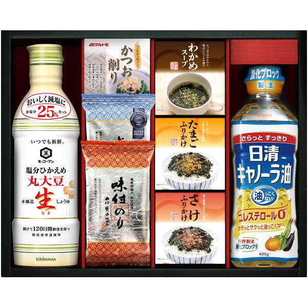 調味料 ギフト キッコーマン 醤油 塩分ひかえめ生しょうゆ 日清 オイル 油 丸美屋 ふりかけ 海苔 セット 詰め合わせ 惣菜 ご飯のお供 食品 内祝い お返し 出産内祝い 結婚内祝い 結婚祝い 出産祝い 香典返し 快気祝い 引越し 挨拶 お礼 プレゼント 送料無料 TN-40R2 4,930円