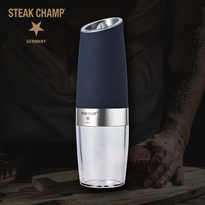 1年保証 ステーキチャンプ Steak Champ 電動 ペッパーミル Gravity Electric Pepper Grinder グラビティエレクトリックペッパーグラインダー 電動ミル 肉料理 ステーキ 胡椒 スパイス 調味料 バーベキュー アウトドア 新品登場 キャンプ 香辛料 黒 岩塩 q