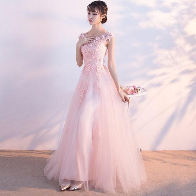 チュールドレス ノースリーブ サクラ色 花柄 パール ロングお召しもの A生産ライン 好いたらしいめ 着痩せ 二次会 交歓会 かき鳴らす会 御芽出度寄りあいお召しもの