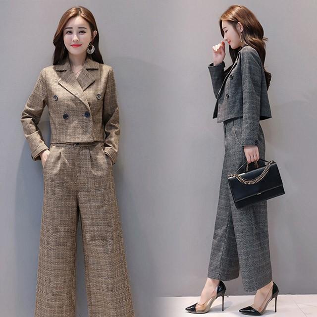 【スーパーSALE】レディーススーツ パンツスーツ 入学式 卒業式 卒園式 2点セット スーツ ワイドパンツ お洒落 20代 チェック柄 通勤 通学 フォーマルスーツ