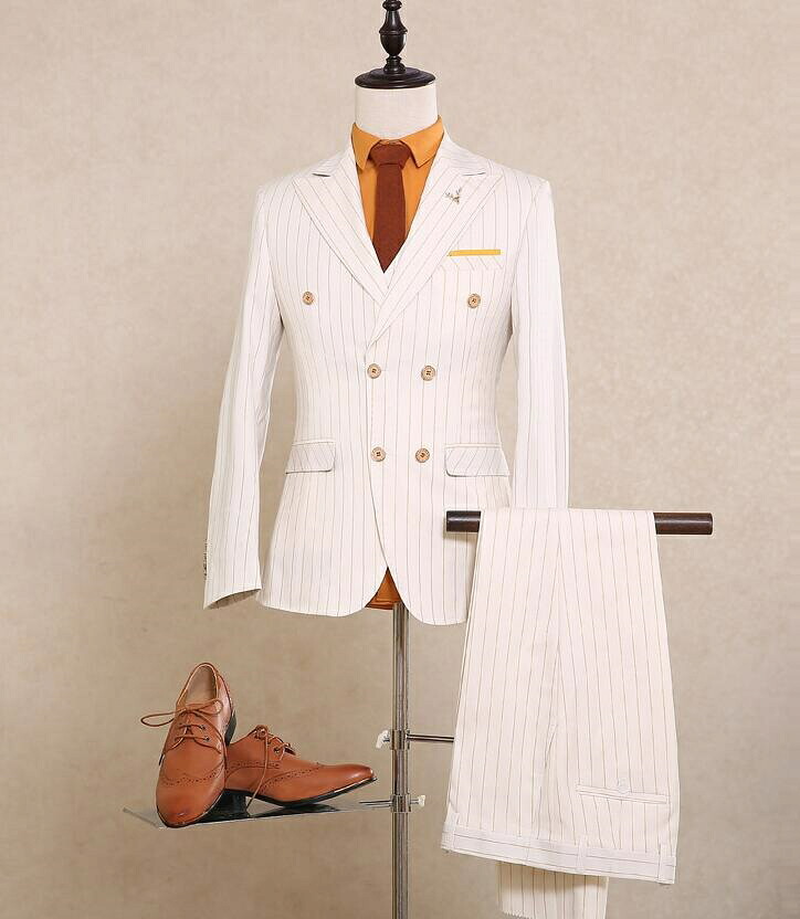 ストライプメンズスーツ 結婚式 スリーピース タキシード 細身 紳士服 入社 オフィス ビジネス セレモニー フォーマル カジュアル 通勤就活面接 お呼ばれ 二次会 パーティー おしゃれ サイズ有S～5XL ジャケット＋ベスト＋パンツ 3点セット 長袖 格好いい！品質良い！｜HappyClue 店