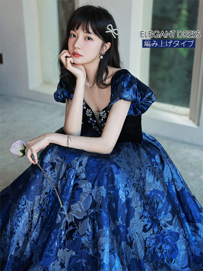 楽天市場】カラードレス 編み上げ ネイビー ブルー フリル ロング