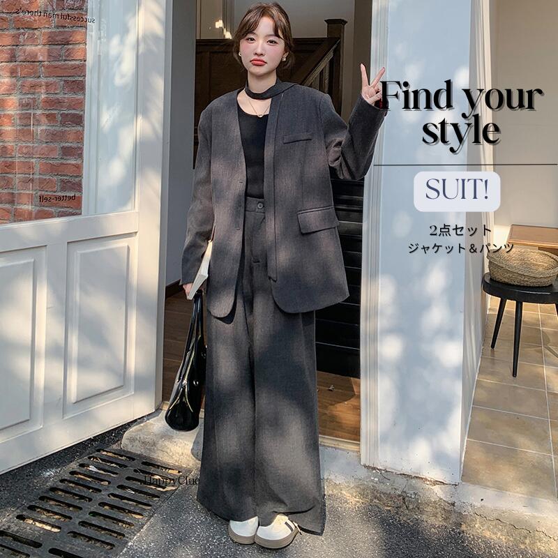 セットアップ おしゃれ 春 秋 レディース パンツスーツ 韓国風 かわいい お出かけファッション 30代40代 スーツセット 入学式 卒業式 フォーマル エレガント 2点セット 上下セット 通勤 オフィス 事務服 カジュアル 50代 ママ 母 結婚式 二次会 謝恩会 グレー｜HappyClue 店