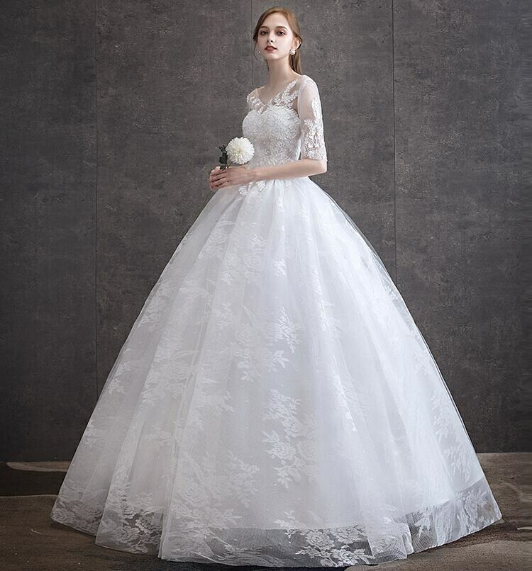 1764円 最安値級価格 ウエディングドレス ロングドレス 花嫁 編み上げタイプ 結婚式 大人気 姫系ドレス 白ドレス エンパイア Aライン Vネック 5分袖 シンプル レースワンピース 二次会 パーティードレス イベント 演奏会 発表会 お嫁さん 花嫁ドレス