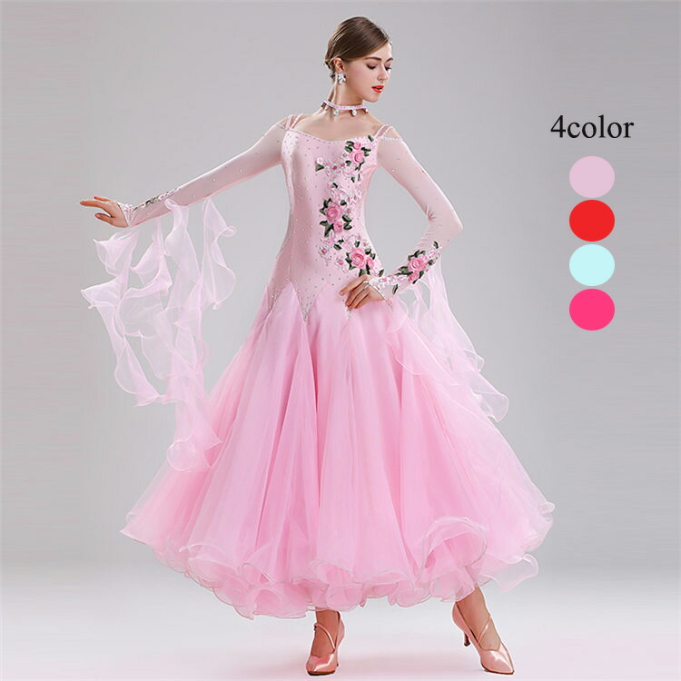 限定特価 ドレス ロング パーティードレス 4色選択可 おしゃれ 衣装 社交ダンス ワンピース ローズ ピンク 赤 レッド 青 ブルー 大きいサイズ 衣装 ステージ 舞台 インターナショナルダンス 競技用 練習着 キャバドレス お呼ばれ チャチャ ワルツ ラテンダンス Aライン